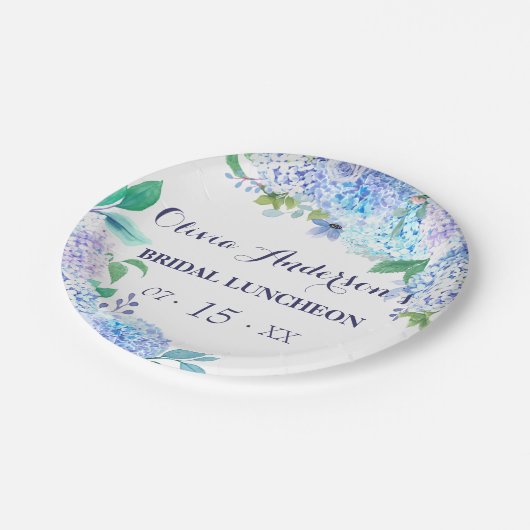 Waterverf Greenery Blue Hydrangea Bridal Luncheon Papieren Bordje (Gekanteld)