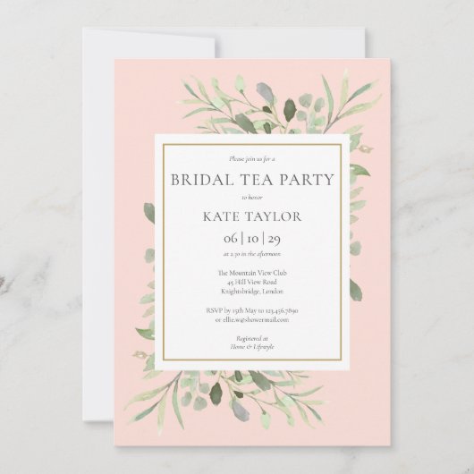 Waterverf Greenery Blush Pink Bridal Tea Party Kaart (Voorkant)