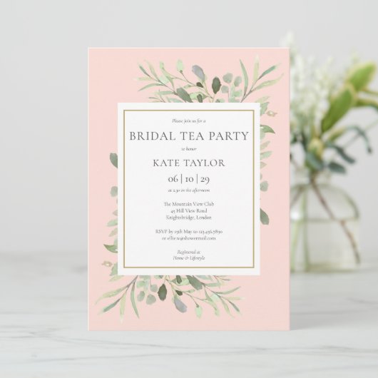 Waterverf Greenery Blush Pink Bridal Tea Party Kaart (Staand voorkant)