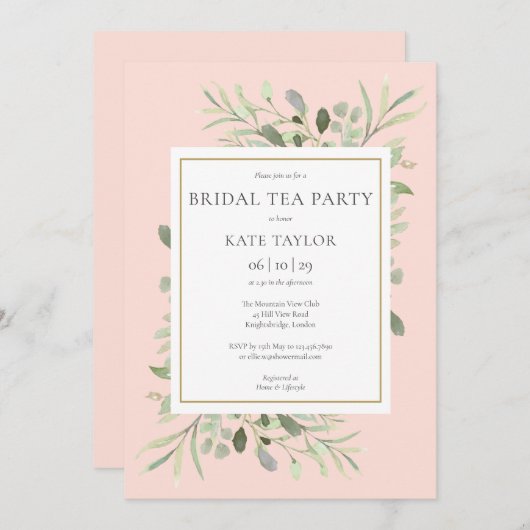 Waterverf Greenery Blush Pink Bridal Tea Party Kaart (Voorkant / Achterkant)