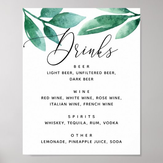Waterverf greenery botanical bruiloft drink bar poster (Voorkant)