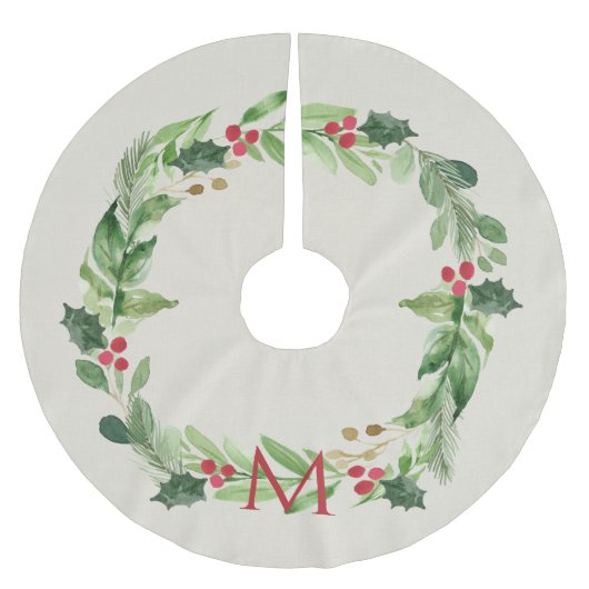 Waterverf Greenery Botanische Krans w / Monogram Kerstboom Rok (Voorkant)