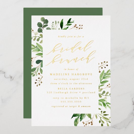 Waterverf Greenery Bridal Brunch Folie Uitnodiging (Voorkant / Achterkant)