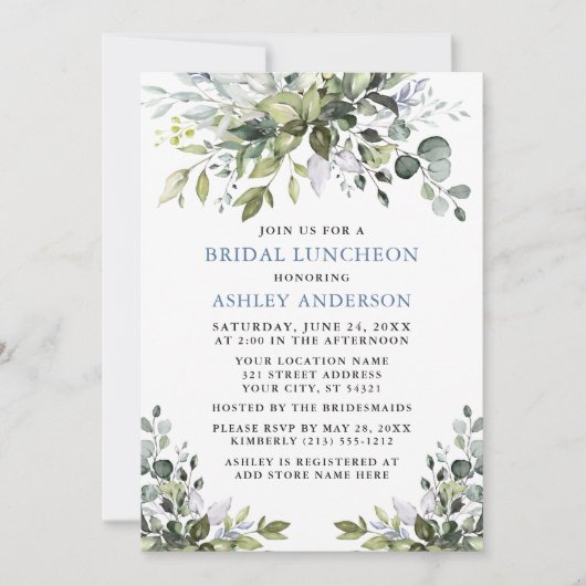 Waterverf Greenery Bridal Luncheon Dusty Blue Kaart (Voorkant)