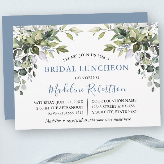 Waterverf Greenery Bridal Luncheon Dusty Blue Kaart