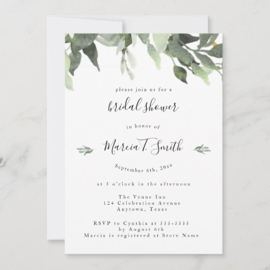 Waterverf Greenery Bridal Shower Invitations Kaart (Voorkant)
