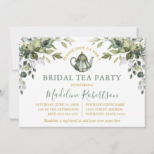 Waterverf Greenery Bridal Tea Party Sage Green Kaart (Voorkant)
