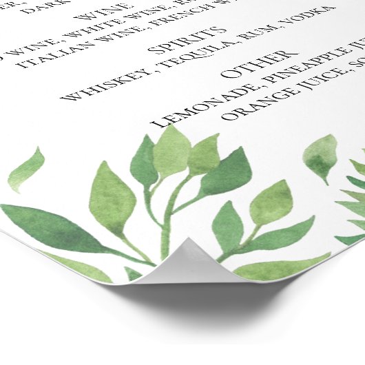 Waterverf greenery bruiloft drink bar poster (Hoek)