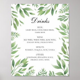 Waterverf greenery bruiloft drink bar poster