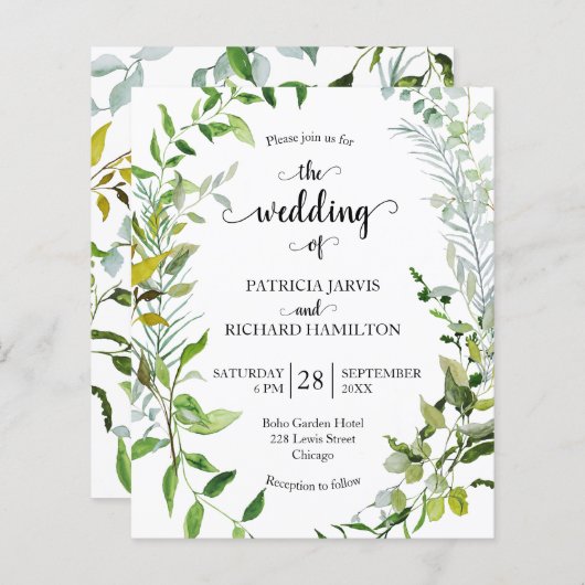 Waterverf Greenery Budget Wedding Invitation (Voorkant / Achterkant)