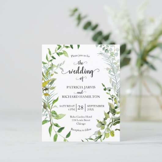 Waterverf Greenery Budget Wedding Invitation (Staand voorkant)