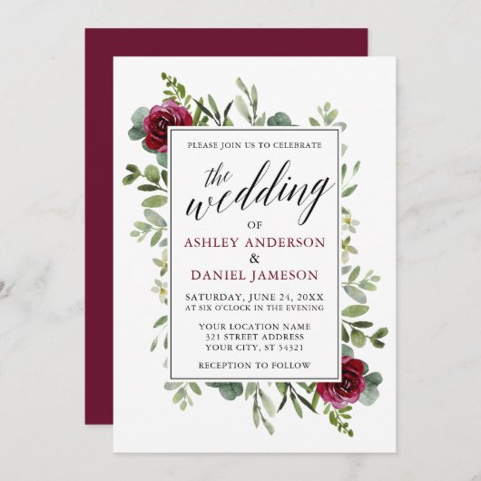 Waterverf Greenery Burgundy Rozen Wedding Kaart (Voorkant / Achterkant)