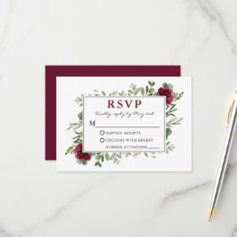 Waterverf Greenery Burgundy Rozen Wedding RSVP Kaartje