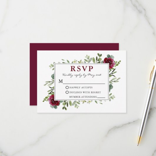 Waterverf Greenery Burgundy Rozen Wedding RSVP Kaartje (Voorkant / Achterkant in situ)