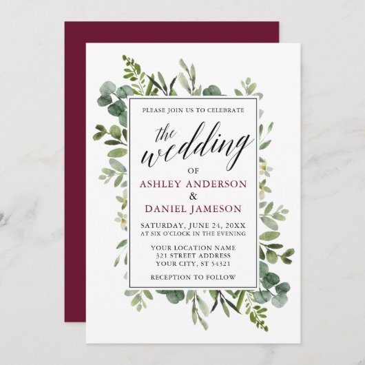 Waterverf Greenery Calligraphy Burgundy Wedding Kaart (Voorkant / Achterkant)