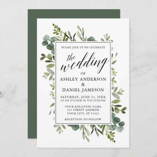 Waterverf Greenery Calligraphy Sage Wedding Kaart (Voorkant / Achterkant)