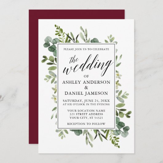 Waterverf Greenery Calligraphy Wedding Burgundy Kaart (Voorkant / Achterkant)