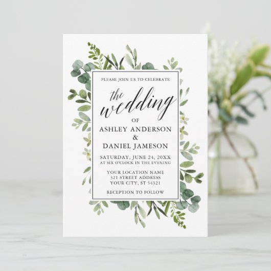 Waterverf Greenery Calligraphy Wedding Kaart (Staand voorkant)