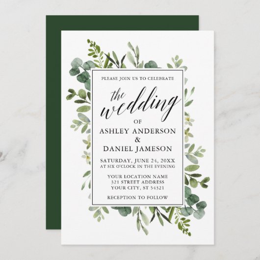 Waterverf Greenery Calligraphy Wedding Kaart (Voorkant / Achterkant)