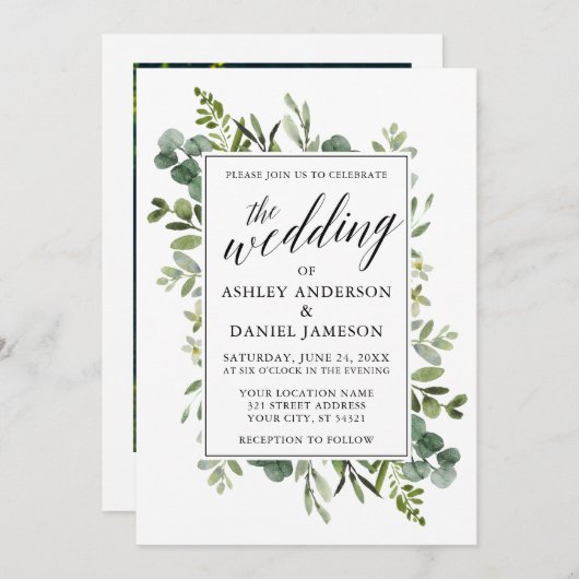 Waterverf Greenery Calligraphy Wedding Photo Kaart (Voorkant / Achterkant)