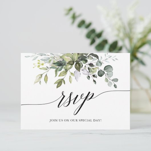 Waterverf Greenery Calligraphy Wedding RSVP Kaartje (Staand voorkant)