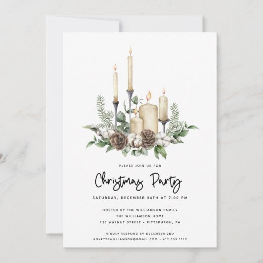 Waterverf Greenery Candles Kerstparty nodigt uit (Voorkant)