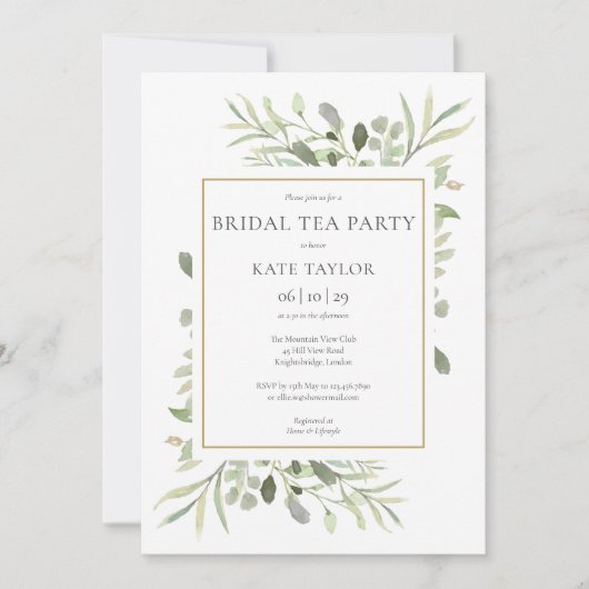Waterverf Greenery Chic Gold Bridal Tea Kaart (Voorkant)