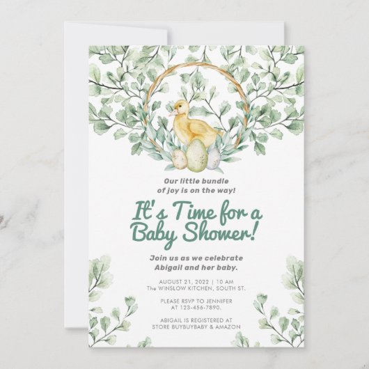 Waterverf Greenery Chick & Nest Baby shower Kaart (Voorkant)