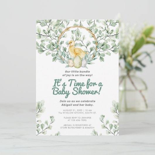 Waterverf Greenery Chick & Nest Baby shower Kaart (Staand voorkant)