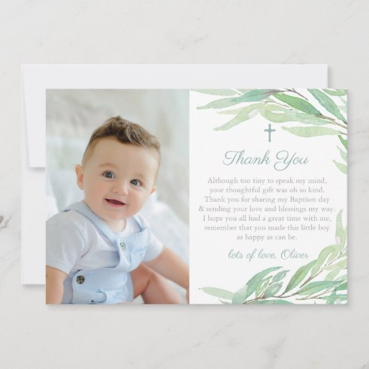 Waterverf Greenery Christening of Birthday Foto Bedankkaart (Voorkant)