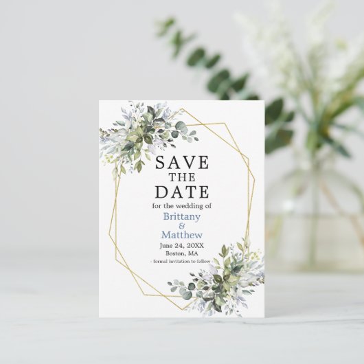 Waterverf Greenery Dusty Blue Bewaar de datum Briefkaart (Staand voorkant)