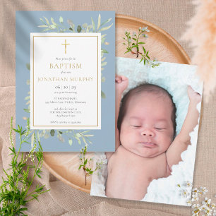 Waterverf Greenery Dusty Blue Boy Baptism Foto Kaart