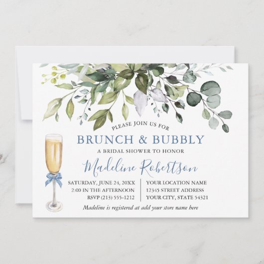 Waterverf Greenery Dusty Blue Bridal Brunch Kaart (Voorkant)