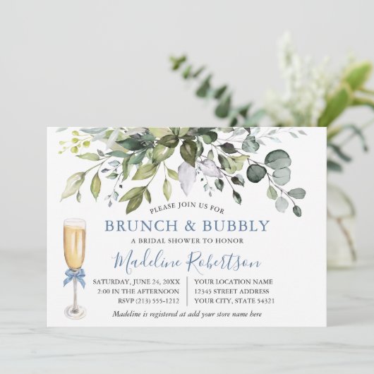 Waterverf Greenery Dusty Blue Bridal Brunch Kaart (Staand voorkant)