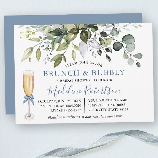 Waterverf Greenery Dusty Blue Bridal Brunch Kaart