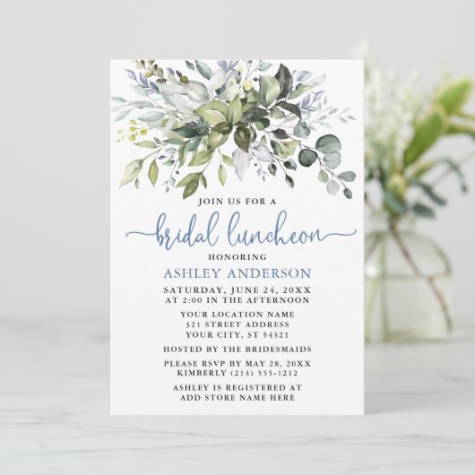 Waterverf Greenery Dusty Blue Bridal Luncheon Kaart (Staand voorkant)