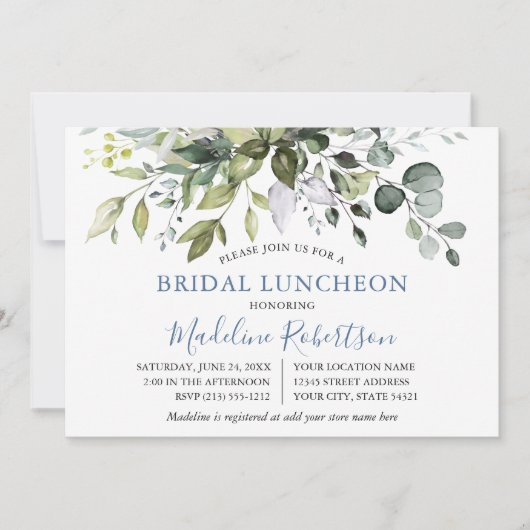 Waterverf Greenery Dusty Blue Bridal Luncheon Kaart (Voorkant)