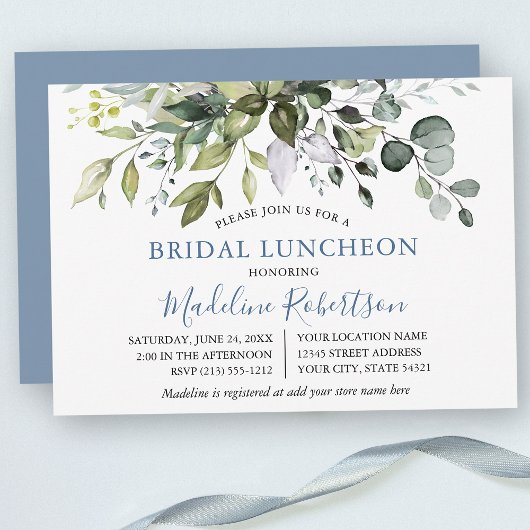 Waterverf Greenery Dusty Blue Bridal Luncheon Kaart