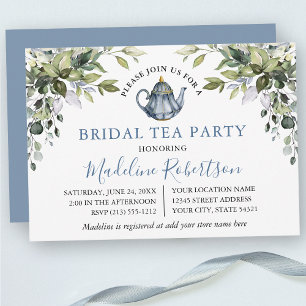 Waterverf Greenery Dusty Blue Bridal Tea Kaart