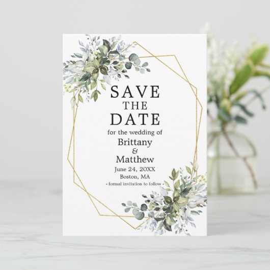 Waterverf Greenery Dusty Blue Geo Lijst Save The Date (Staand voorkant)