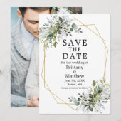 Waterverf Greenery Dusty Blue Geo Lijst Save The Date (Voorkant / Achterkant)