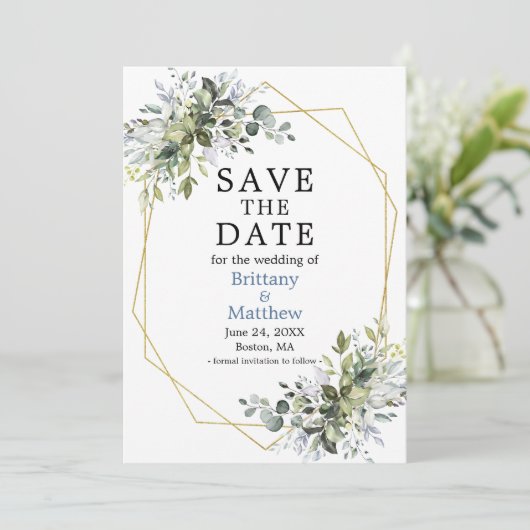 Waterverf Greenery Dusty Blue Geometric Lijst Save The Date (Staand voorkant)