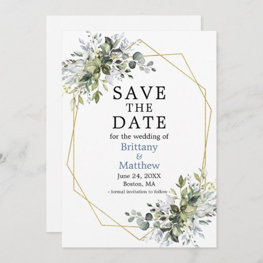 Waterverf Greenery Dusty Blue Geometric Lijst Save The Date (Voorkant / Achterkant)