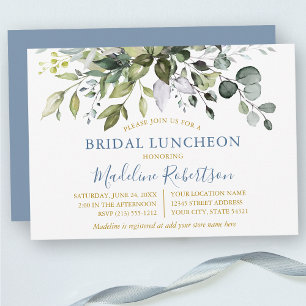 Waterverf Greenery Dusty Blue Gold Bridal Lunch Kaart