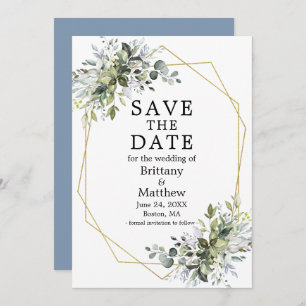 Waterverf Greenery Dusty Blue Gold Geo Lijst Save The Date