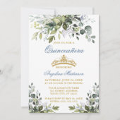 Waterverf Greenery Dusty Blue Gold Quinceañera Kaart (Voorkant)