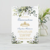 Waterverf Greenery Dusty Blue Gold Quinceañera Kaart (Staand voorkant)