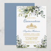 Waterverf Greenery Dusty Blue Gold Quinceañera Kaart (Voorkant / Achterkant)
