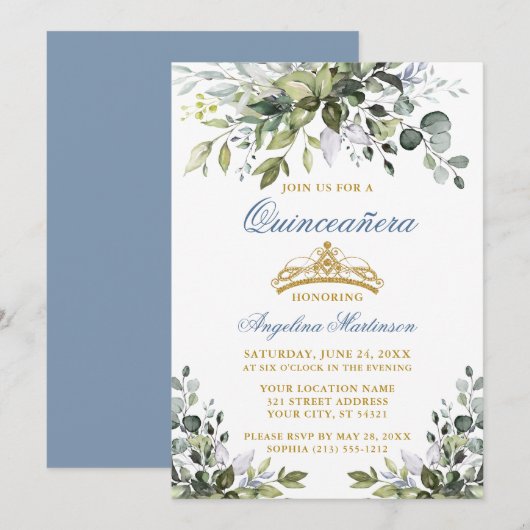 Waterverf Greenery Dusty Blue Gold Quinceañera Kaart (Voorkant / Achterkant)