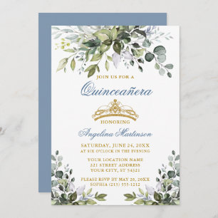 Waterverf Greenery Dusty Blue Gold Quinceañera Kaart